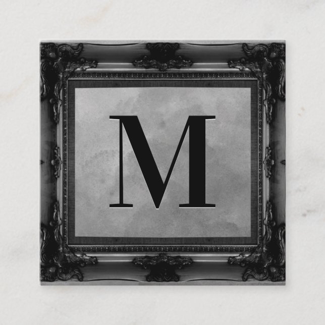 Carte De Visite Carré Monogramme | Black Antique Frame | Texture grise (Devant)