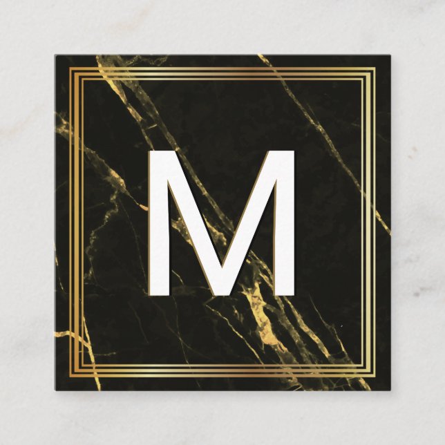 Carte De Visite Carré Monogramme | Cadre classique | Marbre d'or noir (Devant)