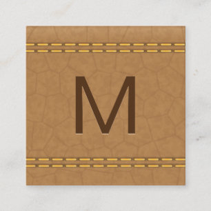 Carte De Visite Carré Monogramme   Cuir Tan Double Trait