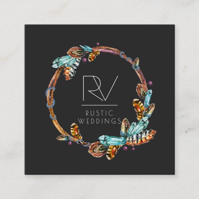 Carte De Visite Carré Monogramme de couronne de plume rustique Boho (Devant)