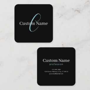 Carte De Visite Carré Monogramme de script cursif éditable Noir Bleu Bla
