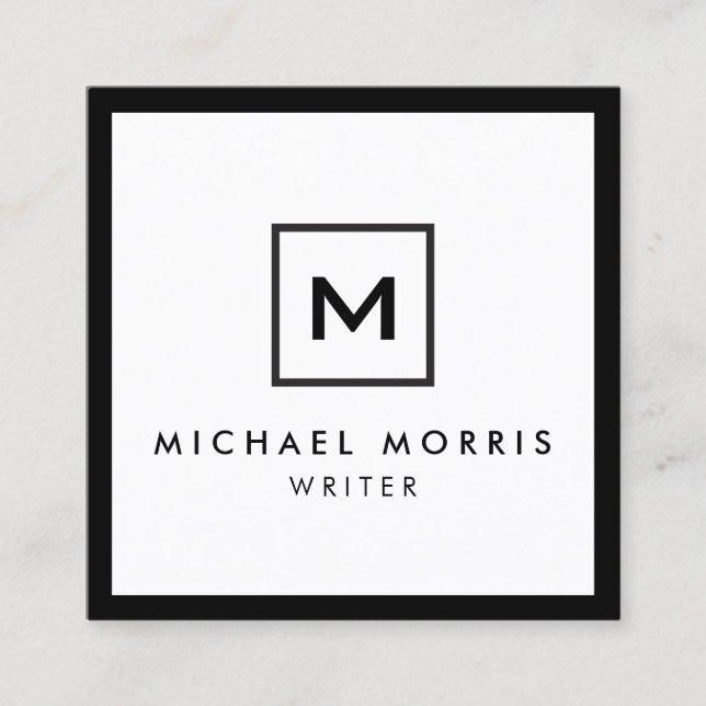 Carte De Visite Carré Monogramme du logo de boîte sur noir/blanc (Devant)
