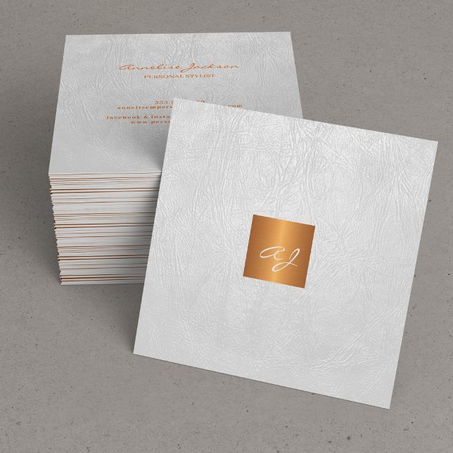 Carte De Visite Carré Monogramme élégant luxe cuir blanc or cuivre (Créateur téléchargé)