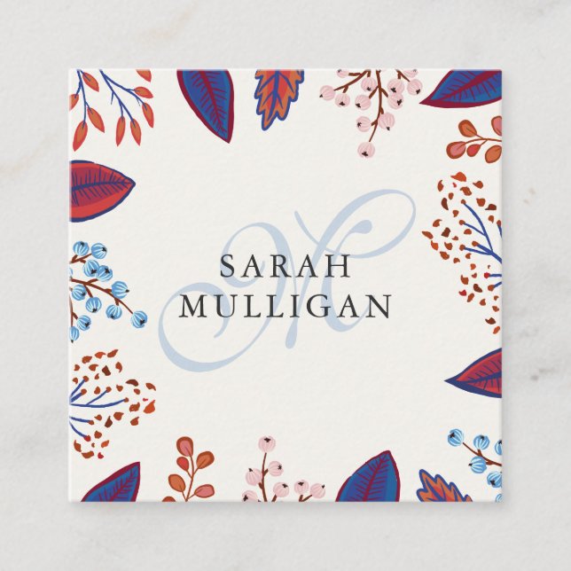 Carte De Visite Carré Monogramme Feuille Bleu et Bourgogne (Devant)