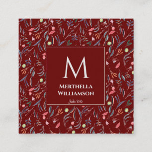 Carte De Visite Carré MONOGRAMME Floral BURGUNDY Écriture personnalisée