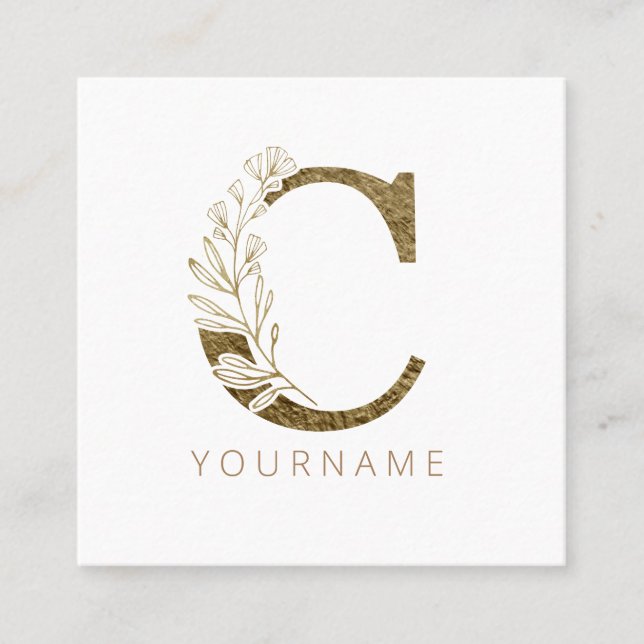 Carte De Visite Carré Monogramme floral C Élégant alliage d'or (Devant)