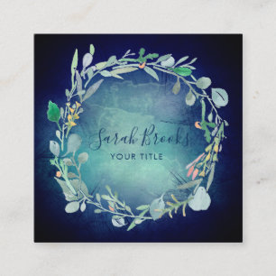 Carte De Visite Carré Monogramme Floral De Wreath Sur Bleu De Minuit