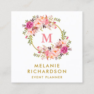 Carte De Visite Carré Monogramme floral d'or de rose élégant d'aquarel