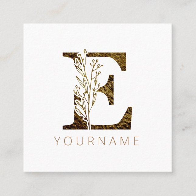 Carte De Visite Carré Monogramme floral E Élégant alliage d'or (Devant)