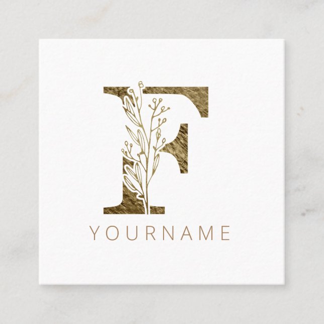 Carte De Visite Carré Monogramme Floral F Élégant Liquide Or (Devant)