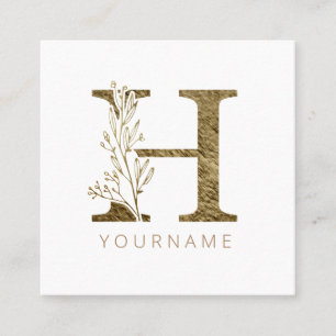 Carte De Visite Carré Monogramme Floral H Élégant Liquide Or