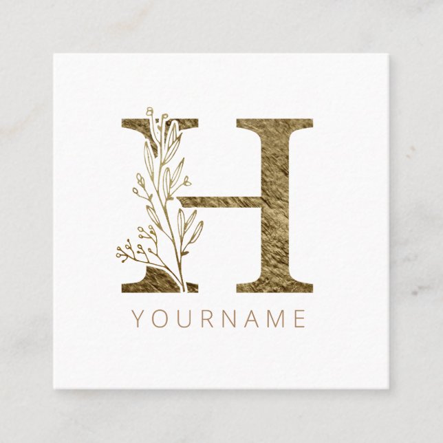 Carte De Visite Carré Monogramme Floral H Élégant Liquide Or (Devant)