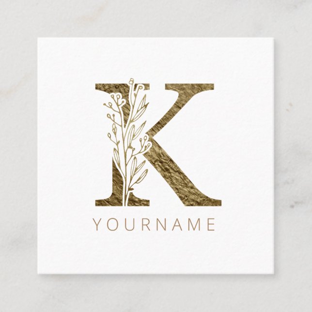 Carte De Visite Carré Monogramme Floral K Élégant Liquide Or (Devant)