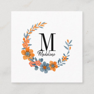 Carte De Visite Carré Monogramme floral personnalisable Fleurs orange d'