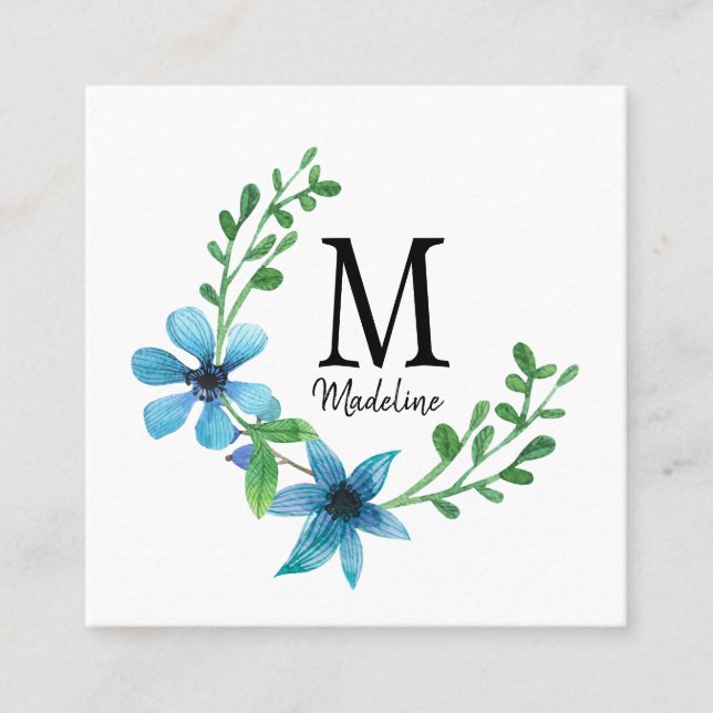 Carte De Visite Carré Monogramme floral personnalisable Joli Fleurs bleu (Devant)