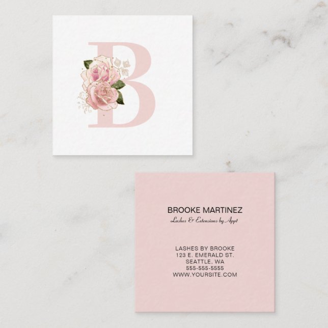 Carte De Visite Carré Monogramme floral Rose pâle (Devant / Derrière)