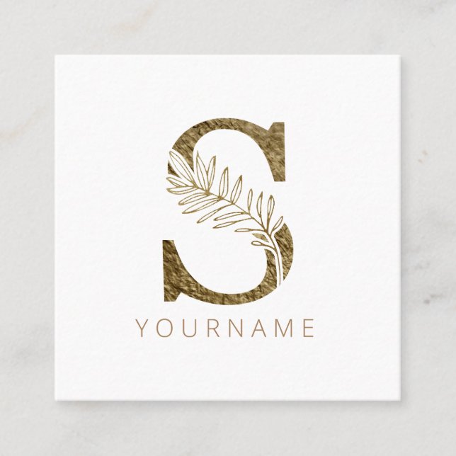 Carte De Visite Carré Monogramme Floral S Élégant Liquide Or (Devant)