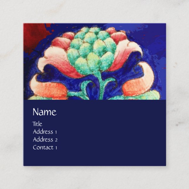 Carte De Visite Carré MONOGRAMME FLORAL VERT ROSE BLEU Stylisé Fleur (Devant)