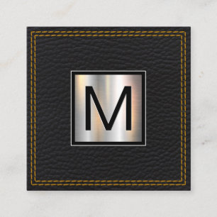 Carte De Visite Carré Monogramme métallique   Cuir noir double pointillé
