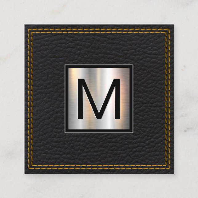 Carte De Visite Carré Monogramme métallique | Cuir noir double pointillé (Devant)