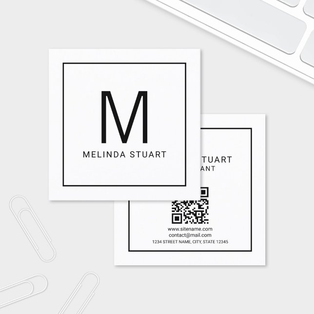 Carte De Visite Carré Monogramme minimaliste moderne avec code Qr (Créateur téléchargé)
