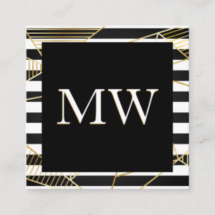 Carte De Visite Carré Monogramme moderne noir blanc rayures   Golden Pol