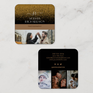 Carte De Visite Carré Monogramme personnalisé avec 4 photos et paillette