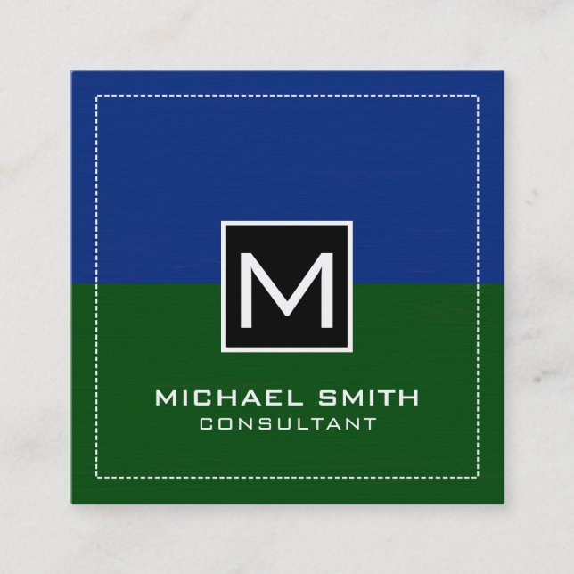 Carte De Visite Carré Monogramme professionnel Moderne Vert foncé Bleu (Devant)