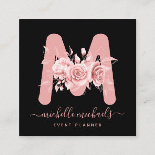 Carte De Visite Carré Monogramme rose d'aquarelle noire