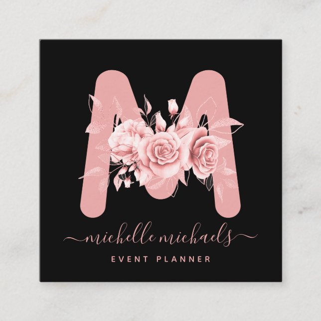 Carte De Visite Carré Monogramme rose d'aquarelle noire (Devant)