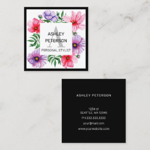 Carte De Visite Carré Monogramme rose Floral Fille mignonne Personnalisé