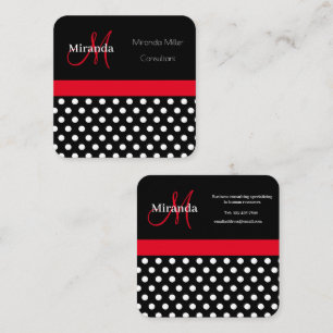 Carte De Visite Carré Monogramme rouge noir blanc Polka point