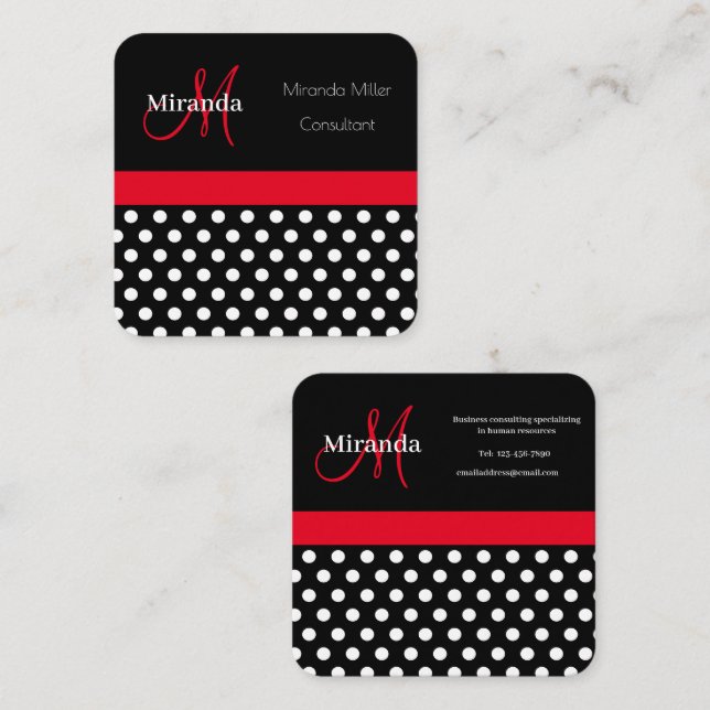 Carte De Visite Carré Monogramme rouge noir blanc Polka point (Devant / Derrière)