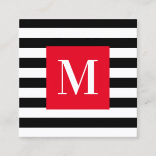 Carte De Visite Carré Monogramme rouge vif en bande noire et blanche