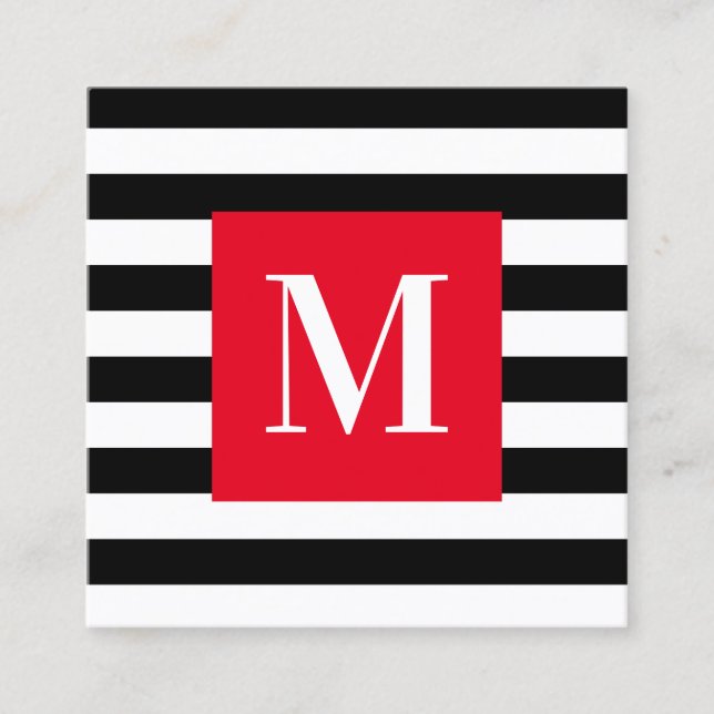 Carte De Visite Carré Monogramme rouge vif en bande noire et blanche (Devant)