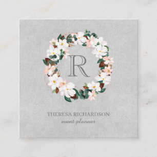 Carte De Visite Carré Monogramme Wreath Grey Linen icône de médias socia