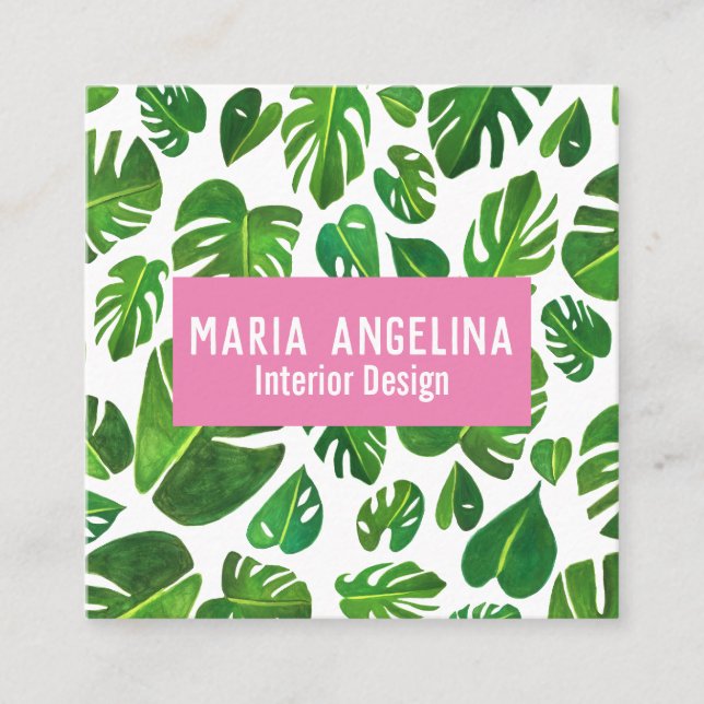 Carte De Visite Carré Monstère tropicale Feuille Aquarelle Design (Devant)