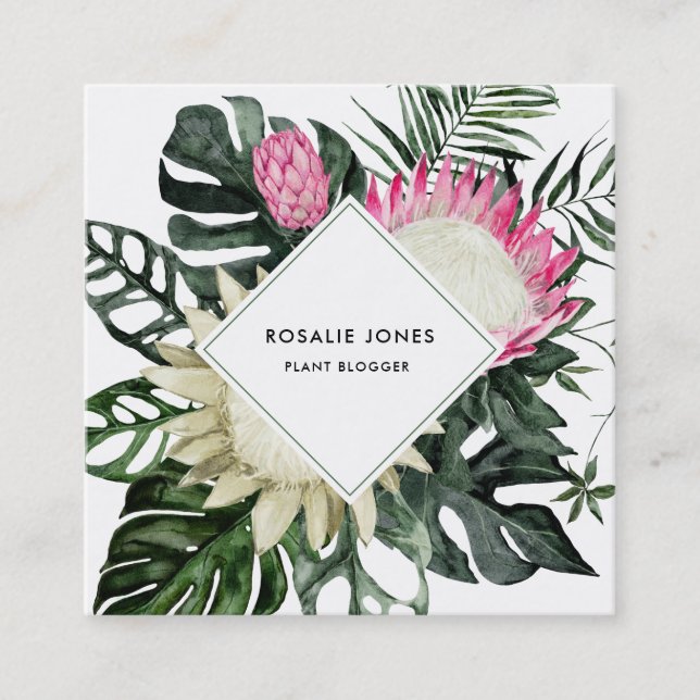 Carte De Visite Carré Monstère tropicale Feuille Aquarelle Protea Flower (Devant)