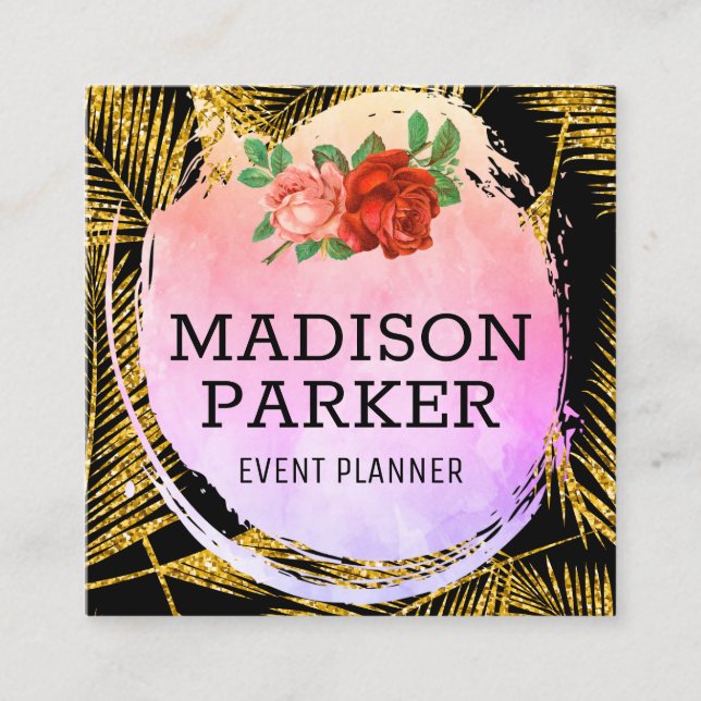 Carte De Visite Carré Motif de feuille de palme brossé or (Devant)