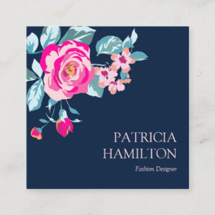 Carte De Visite Carré Motif de fleurs rose vif sur fond bleu marine