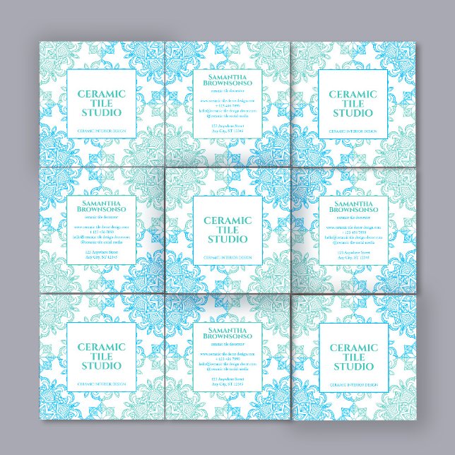 Carte De Visite Carré Motif en mosaïque bleu vert clair (Blue Green Seamless Mosaic Stitch Pattern Square Business Card)