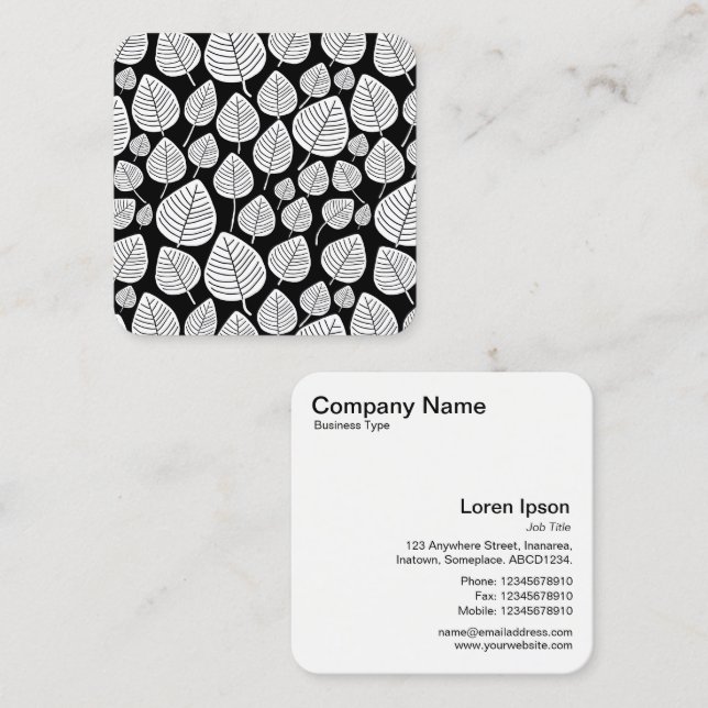 Carte De Visite Carré Motif feuille - Blanc et Noir (Devant / Derrière)