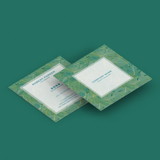 Carte De Visite Carré Motif feuille luxueux palmier vert et or (Créateur téléchargé)
