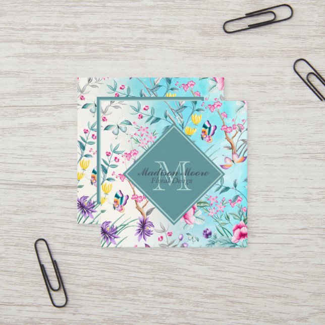 Carte De Visite Carré Motif floral de Chinoiserie (Devant/Arrière en situation)