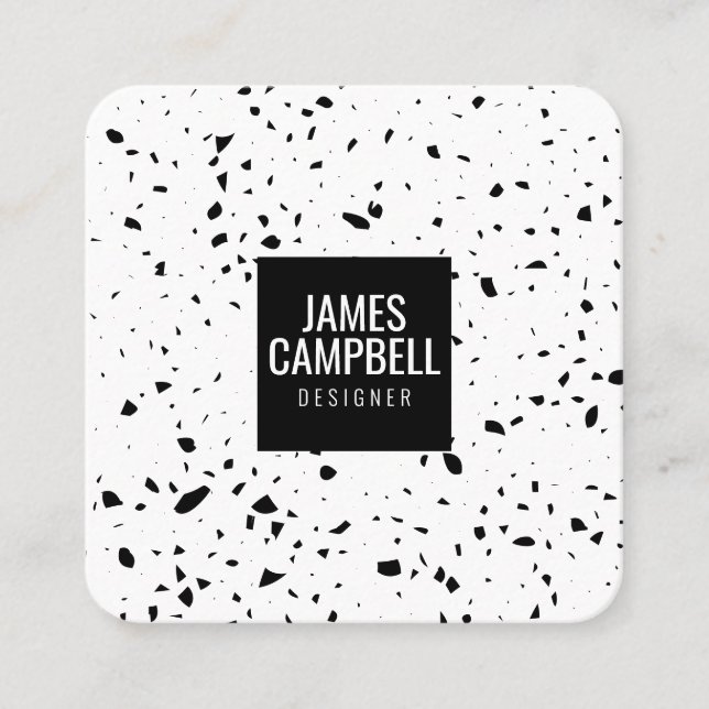 Carte De Visite Carré Motif moderne en marbre noir blanc terrazzo (Devant)