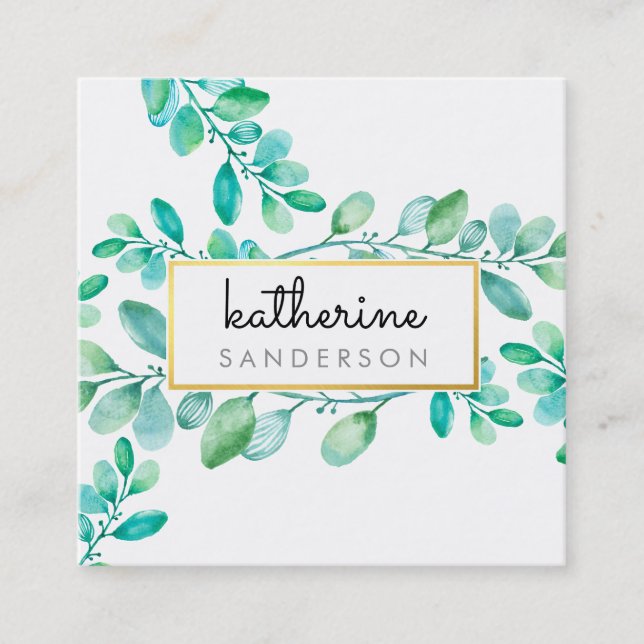 Carte De Visite Carré NATURE BOTANIQUE moderne aquarelle peinte feuille (Devant)