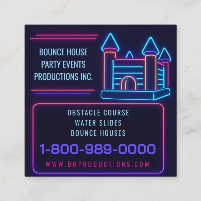 Carte De Visite Carré NEON BOUNCE HOUSE ANNIVERSAIRE FÊTE Location gonfl (Devant)