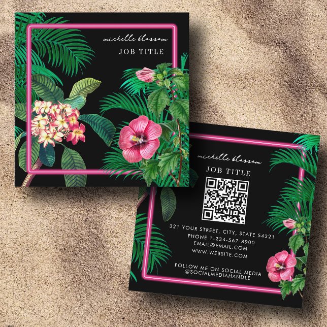 Carte De Visite Carré Neon Pink Tropical Botanics QR Code Social Media (Neon Pink Tropical Botanicals QR Code Social Media Square Business Card)