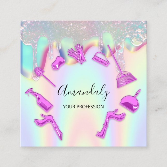 Carte De Visite Carré Nettoyage du service de bureau Logo Holograph Drip (Devant)