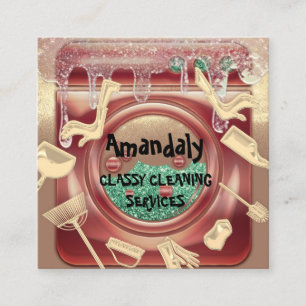 Carte De Visite Carré Nettoyage du service de la maison QR Code savon or